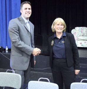 Candidates for Federal Way School Board position 3 Danny Peterson and Liz Drake get ready to start a candidates forum/debate July 13 at Federal Way High School. A third candidate