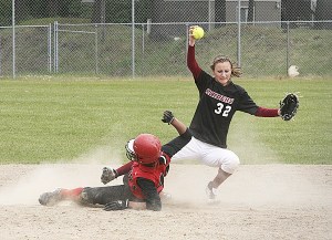 Thomas Jefferson shortstop Reno Whitcomb tags out a Union runner at second base during the West Central/Southwest District Tournament at Sprinker Recreation Center last weekend. The Raiders finished up in third place after their 18-game winning streak was snapped in the semifinals.
