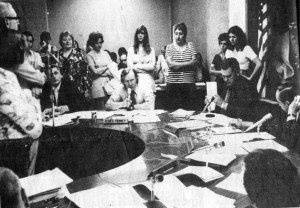 Teachers and parents of Federal Way Public Schools surround the school board as the issue of overloaded classrooms in the district erupted into a shouting match in 1974.