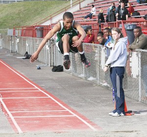Todd Beamer's Adrian Shocks competes in the long jump during Wednesday's SPSL Central dual meet with Jefferson at Federal Way Memorial Stadium. Shocks finished fourth with a leap of 19 feet