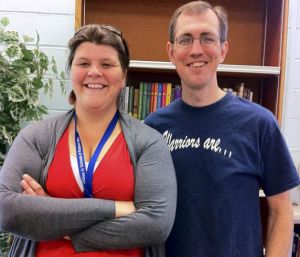 Outreach Coordinator Sarah Curl with Principal David Brower of Sacajawea Middle School.