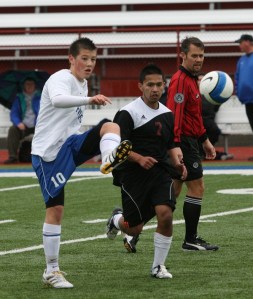 Federal Way junior Colin Kim kicks the ball during the Eagles' 14-0 win over Bethel Wednesday at Federal Way Memorial Stadium. Kim finished with four assists.