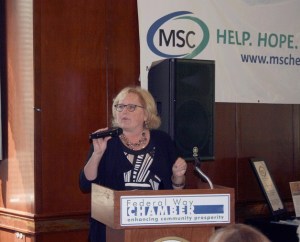 Greater Federal Way Chamber of Commerce CEO Rebecca Martin delivers the state of the chamber address during a luncheon on Wednesday at Twin Lakes Golf and Country Club.