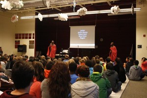 Wilson Meikuaya (left) and Jackson Ntirkana (right) shared their experiences on getting an education in Kenya with students at the Federal Way Public Academy Friday morning.