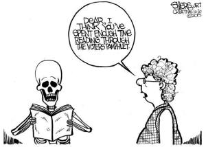 Reading through the voters' pamphlet | Cartoon