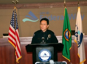 Federal Way Police Chief Andy Hwang addresses the media on May 11 after a third homicide occurred in the city in the span of three days. File photo