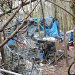 A homeless encampment in Federal Way has shopping carts stacked around a tarp-made structure. RAECHEL DAWSON, the Mirror