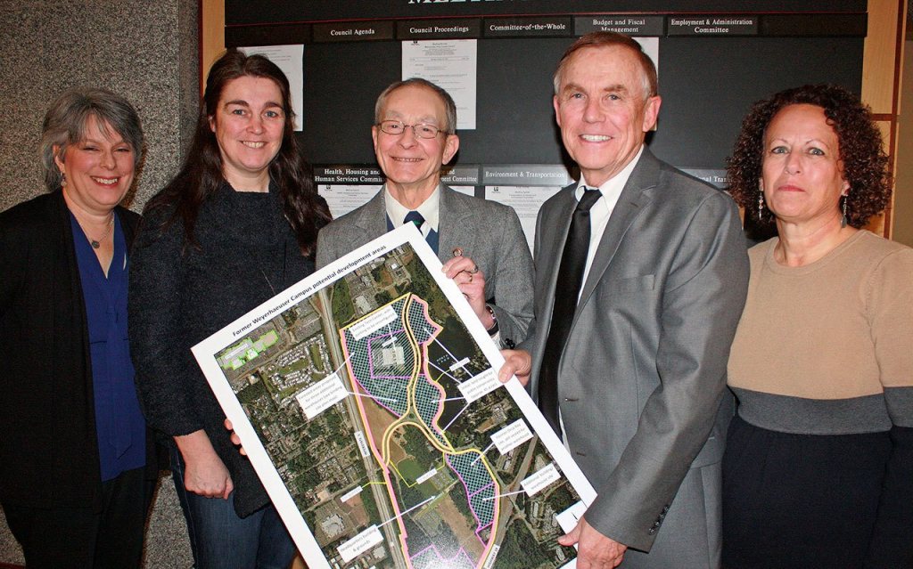 Save the Weyerhaeuser Campus Communications Director Jean Parietti, Rainier Audubon Society member Cindy Flanagan, Save the Weyerhaeuser Campus Conservation Chair Dick (Richard) Pierson, King County Councilman Pete von Reichbauer, and Save the Weyerhaeuser Campus President Lori Sechrist on Tuesday. Courtesy of King County