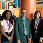 Scholarship recipients Salome Munyaka (left) and Karina Abramchuk with acting President Dr. Jeff Wagnitz (middle) at the All-Washington award ceremony in Olympia on March 23. Courtesy of Highline College
