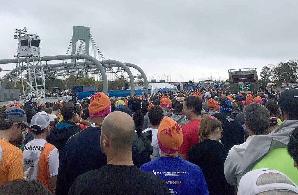 New York City Marathon participants file in toward the starting line of the 26.2-mile race, which begins on Staten Island, Nov. 5. Courtesy Travis Bjork