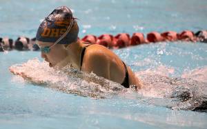 Decatur freshman Lilly Tucker competes in the 100-yard breaststroke at the 4A state swim tournament, Nov. 11 at the Weyerhaeuser King County Aquatic Center. Tucker placed seventh in the state in the event, finishing in 1 minute, 8.11 seconds. Courtesy Tracy Arnold