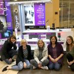 From left, Federal Way Coalition Against Trafficking members Pam Martin, Brenda Shaw, Brenda Oliver, Trining Hawkins and Emily McElwrath in front of the organizations informational kiosk, which opened in The Commons mall last fall. Courtesy FWCAT