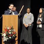 Federal Way City Councilman Martin Moore, left, presents Decatur High School junior Aliyah Baruso, right, with the Rep. Roger Freeman Award, as Mayor Jim Ferrell and Federal Way Public Schools Superintendent Tammy Campbell look on. Heidi Sanders, the Mirror
