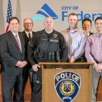 The Federal Way Police Department recently presented Police Chiefs Commendation Awards during its annual awards ceremony. From left are Federal Way Police Department Spokeswoman Cathy Schrock, Mayor Jim Ferrell, Deputy Chief Steve Neal, Cpl. Josh Haglan, Detective Jeff VanderVeer, Chief Andy Hwang, Detective Ray Unsworth and Deputy Chief Kyle Sumpter. Courtesy Federal Way Police Department