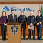 The Federal Way Police Department recently presented its annual Life Saving Awards during its annual awards presentation. From left are Deputy Chief Steve Neal, Federal Way Police Department spokeswoman Cathy Schrock, Mayor Jim Ferrell, officer Hillary Brehm, officer Scott Parker, Chief Andy Hwang and Deputy Cheif Kyle Sumpter. Courtesy Federal Way Police Department