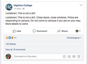 Screenshot of a post from Highline College Facebook page at 9:25 a.m. Feb. 16, 2018.