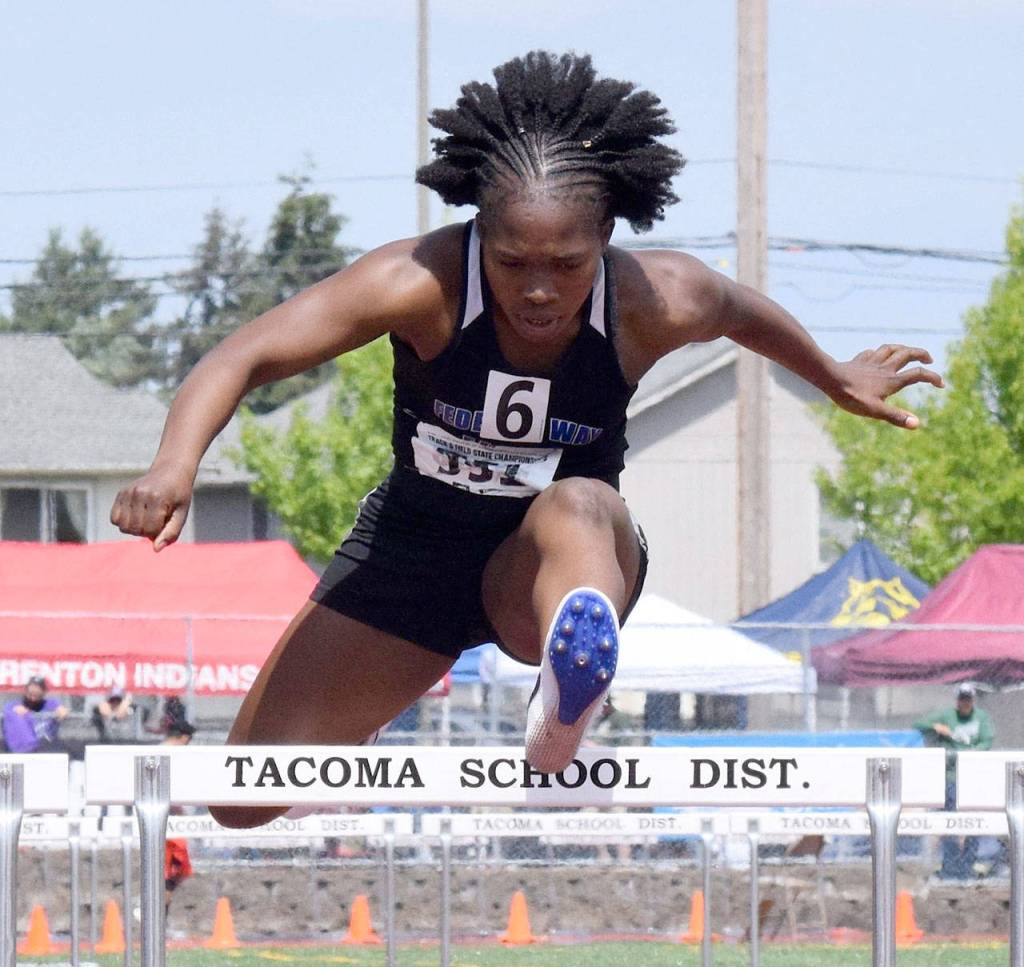 Esther Brutus of Federal Way High School took seventh place in the girls 300-meter hurdles at the state meet. RACHEL CIAMPI, the Mirror