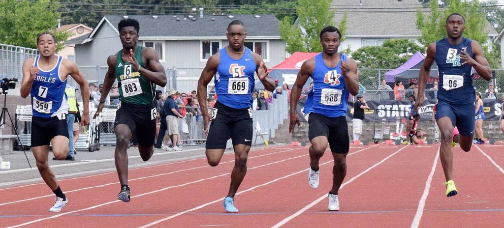 Federal Way High Schools Anthony Frazier, left, finished fifth in 100 meter and eighth in the 200 at state. RACHEL CIAMPI, the Mirror