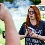 Sarah Smith addresses her supporters through a Facebook Live video stream before canvassing at a July 7 campaign volunteer barbecue in Southeast Seattle. Photo by Josh Kelety