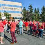 Federal Way Education Association teachers and ESPs rally outside the FWPS district building on Aug. 28. The negotiated contract has since been approved by both the FWEA union and FWPS school board. Courtesy photo by Daniel Davis