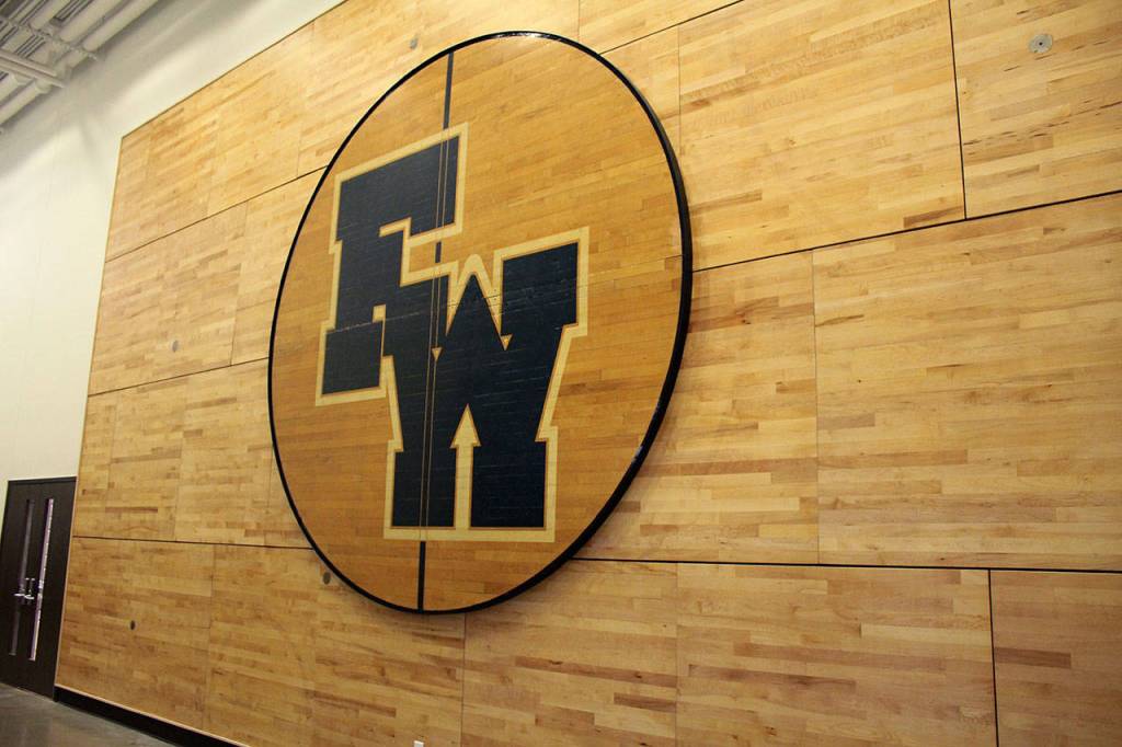 The center of the former Federal Way High School gym is now displayed outside of the new gym. Olivia Sullivan/staff photo
