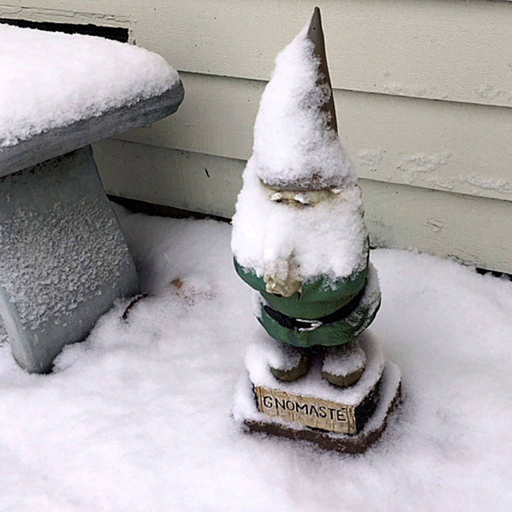A snow-covered Gnomaste figurine. Photo courtesy of Sharyn Earl