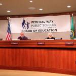 Senator Claire Wilson, middle, resigned from the Federal Way Public Schools Board of Education at Tuesday nights meeting. Olivia Sullivan/staff photo