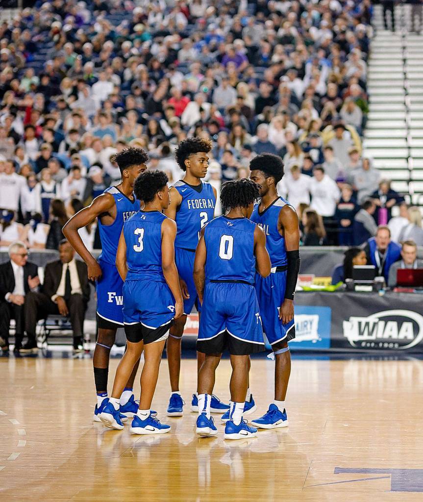 Federal Way Eagles regroup after a physical first quarter against Gonzaga Prep. Photo courtesy of Senad Tiric
