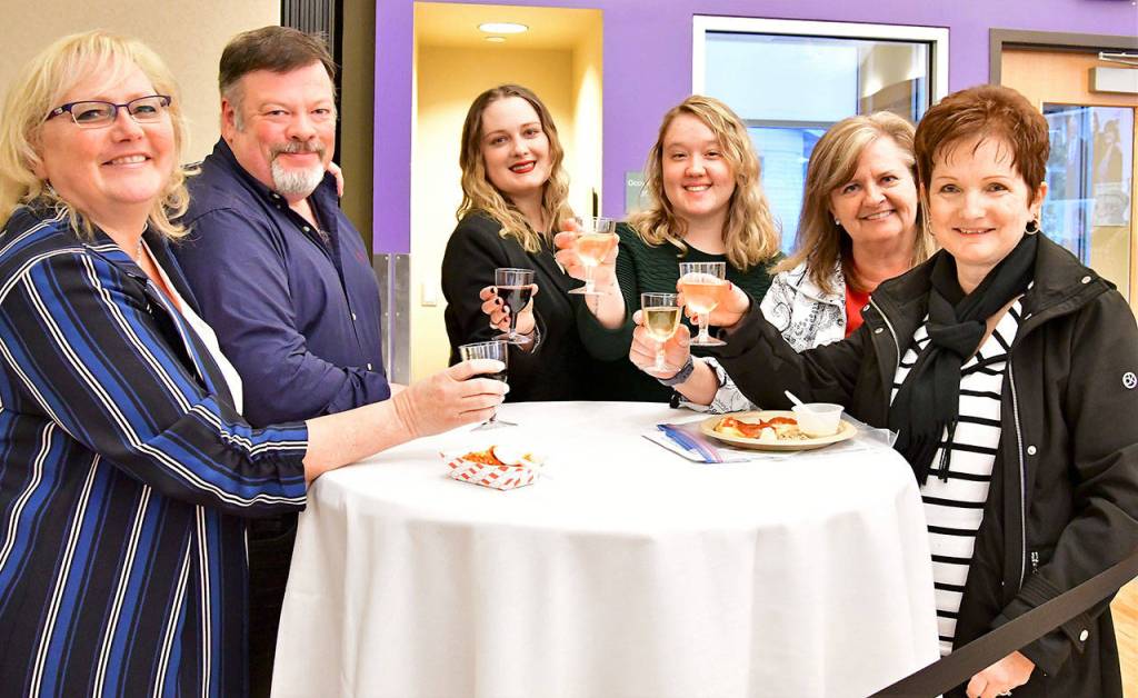 (Left to right) Greater Federal Way Chamber of Commerce CEO Becca Martin, Abbe Winery sommelier Dainis Svarcs, chamber membership and community relations manager Rachel Porter, Mirror reporter Haley Donwerth, Mirror sales representative Linda Staples and community volunteer Janice Seibenaler make a toast to Federal Ways finest. Photo courtesy of Bruce Honda