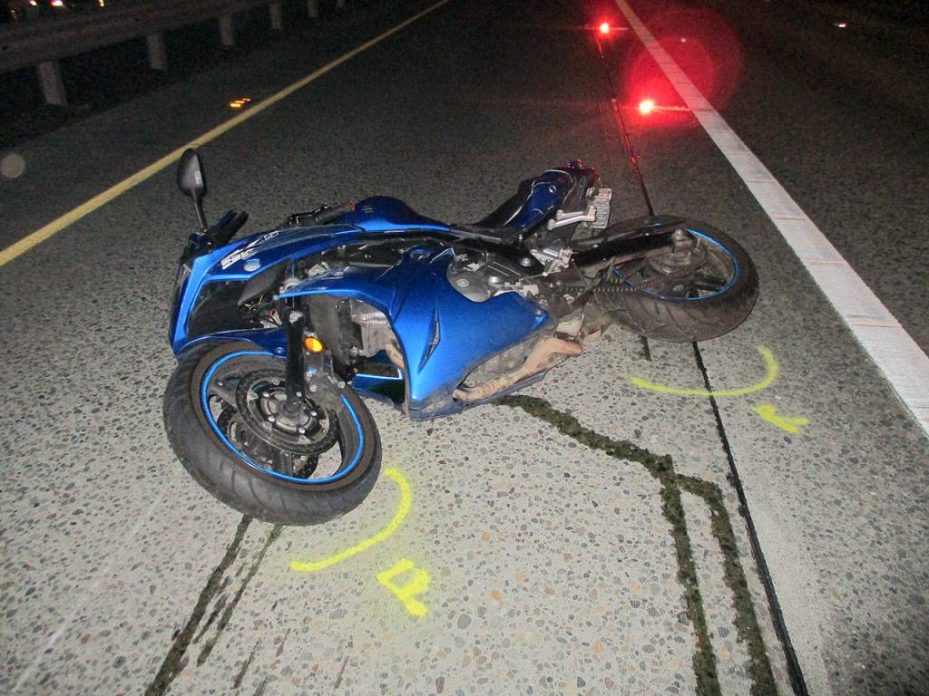 Bernardo Barcos motorcycle pictured on I-5 on the night of his crash. Photo courtesy of Washington State Patrol