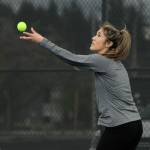 TJs No. 1 singles player Nancy Cabanas prepares to serve at Tuesdays match. Olivia Sullivan/staff photo