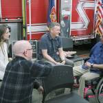 Bernardo Barco, right, chats with Michael White, Kaitlyn Benson, and Anthony Guynes, left, who saw him flying through the air on I-5 and kept him alive until paramedics arrived. Olivia Sullivan/staff photo