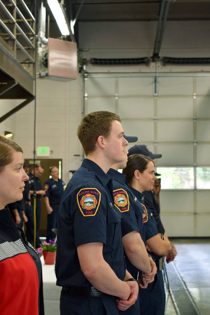 South King Fire and Rescue firefighters at the Station 62 reunion for Bernardo Barco and the heroes who saved his life. Haley Donwerth/staff photo