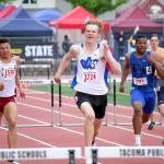 Federal Ways Marcus Eubanks, third from left, eyes the finish line of the 300M hurdles on Saturday, May 25. Photo courtesy of Michael Najera