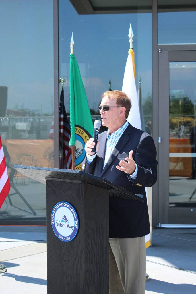 King County Council member Pete von Reichbauer speaks during a celebration ceremony for the new signage at the Performing Arts and Event Center on May 31. Olivia Sullivan/staff photo