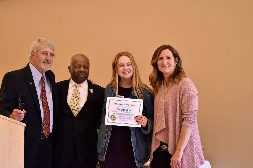 Cosette Clum from Federal Way High School receiving her award at the Rotary Scholarship Luncheon. Haley Donwerth /staff photo.