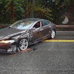 This Tesla Model S was also damaged in the collision, which injured a 70-year-old Federal Way woman who was a passenger in the vehicle. A Snoqualmie man in a third vehicle was also injured. Photo courtesy of Washington State Patrol