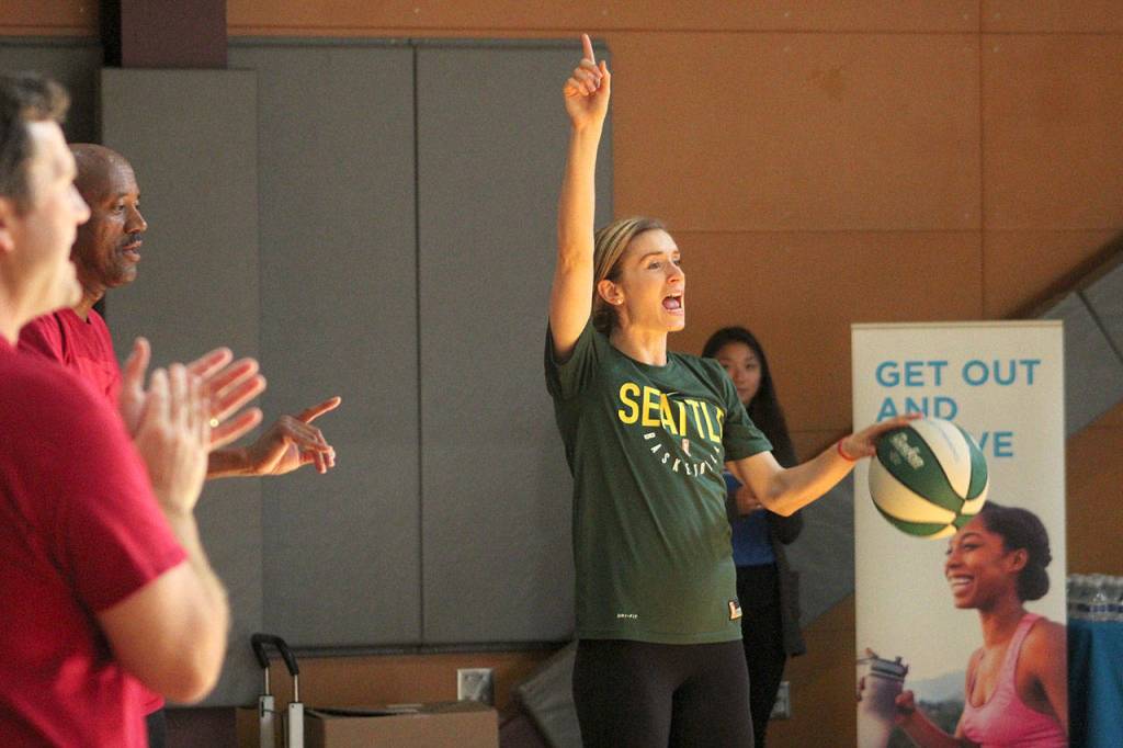 Seattle Storm guard Blake Dietrick cheers on Federal Way athletes during the StormCares clinic. Olivia Sullivan/staff photo