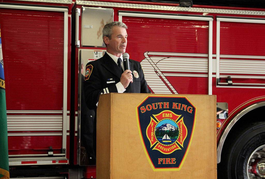 IAFF Local 2024 President Layne Winter speaks at South Kings pinning ceremony. Olivia Sullivan/staff photo