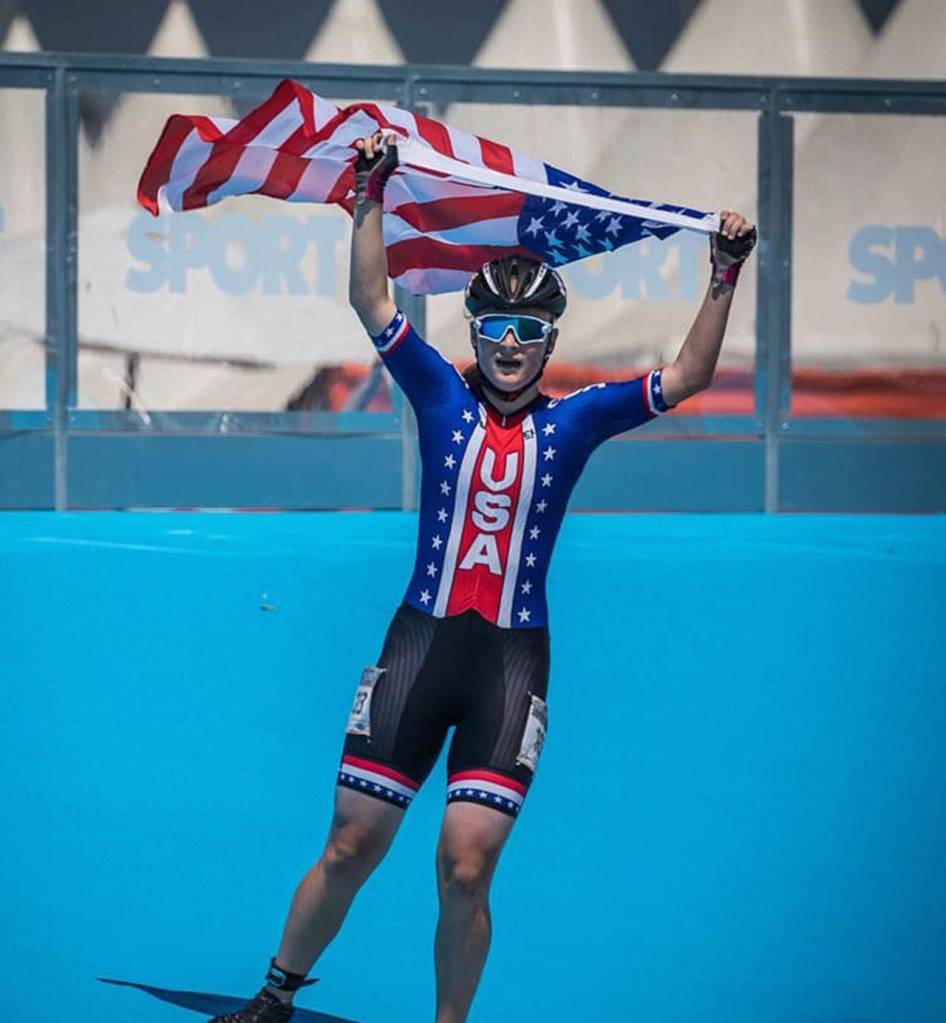 Corie Stoddard skates a victory lap after winning the 10K elimination race. Courtesy photo