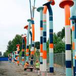 Nails by Christian Moeller consists of 45 metal poles shaped to resemble tall bent nails - ranging from 11.5 to 30 feet tall near the future light rail maintenance facility in Bellevue. Photo courtesy of Sound Transit