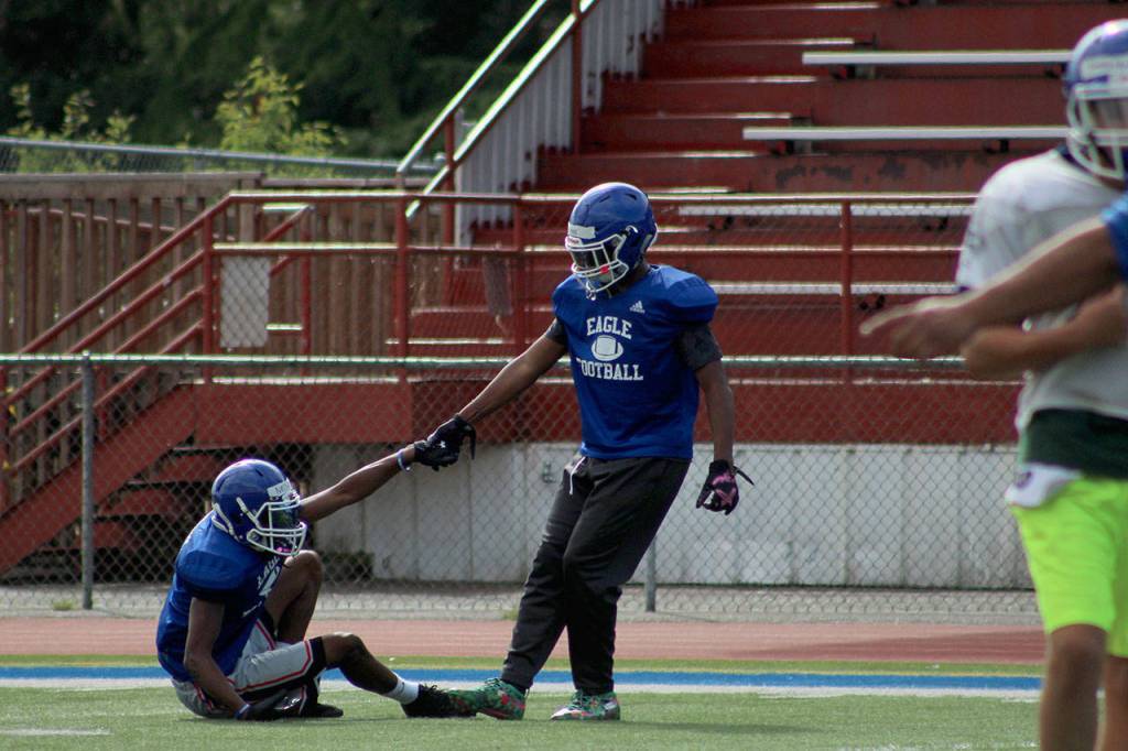 A Federal Way player helps a teammate up at a preseason practice on Aug. 30. Olivia Sullivan/staff photo