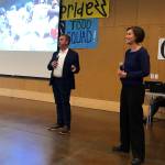 Ward Urion, left, and Rebecca Milliman give a presentation about the new character building program for athletes in the FWPS district on Monday, Sept. 9. Photo courtesy of FWPS