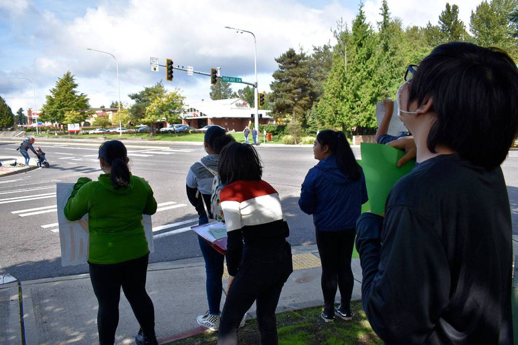 Students from TAF@Saghalie marched out of their school to bring awareness to climate change and encourage people to get involved. Haley Donwerth/staff photo