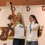Seahawks Dancer Kylie and TJHS senior Hailey Still lead the school in a Seahawks cheer during the Athlete of the Week celebration on Oct. 4. Olivia Sullivan/staff photo