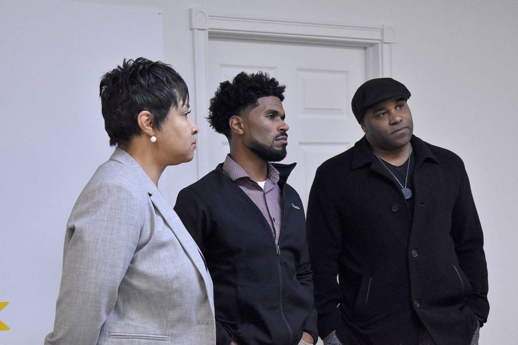 FWPS Superintendent Dr. Tammy Campbell, Federal Way Councilmember Jesse Johnson, and musician Shyan Selah show their support for the FWYAT Think Lab. Haley Donwerth/staff photo