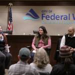 Left to right: Panelists Chelsea Olsen, Rebekah Fondon and Carl Covington share their stories and advice at the Federal Way Coalition Against Trafficking forum on Jan. 16. Olivia Sullivan/staff photo
