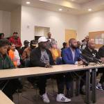 L-R: Maliks mother Contessa Williams; Maliks step-father Marvin Phelps; Not This Time founder Andre Taylor; Maliks father Marvin Donell Walker Sr.; and Attorney James Bible gather in Seattle for a press conference urging the release of video footage from Dec. 31, 2019 when Malik Williams was shot and killed by Federal Way police officers. Olivia Sullivan/staff photo