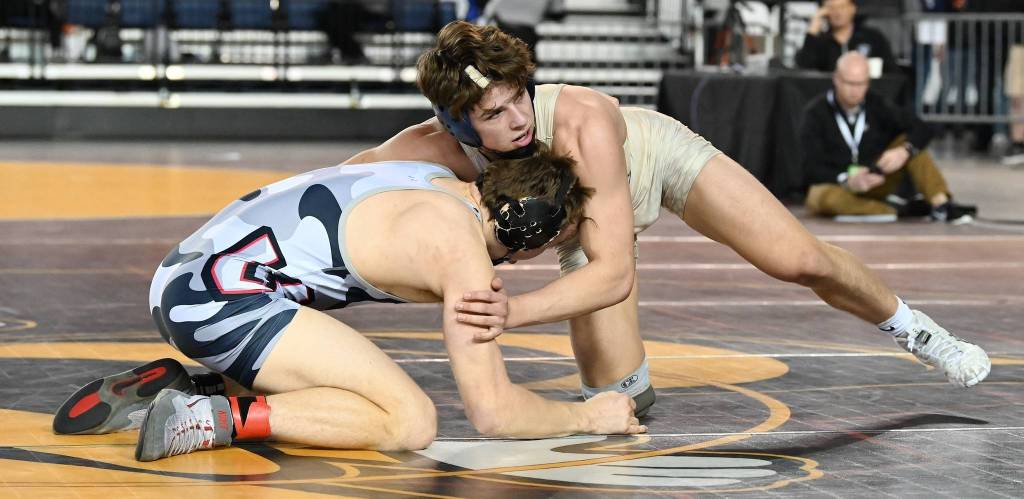 Decaturs Bradley Tyack, top, turns for instruction as he takes on Unions Kyle Brosius for the 170-pound title. Brosius won by decision, 11-7. RACHEL CIAMPI, Reporter