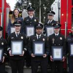 Top row, L-R: Brittany Padjen, Driver Engineer Ann Hoag, Captain Roy Smith. Bottom row, L-R: Lieutenant Andrew Lowen, Captain Brad Chaney, Lieutenant Walter Hanks, Driver Engineer Dean Bastin, Captain Anthony John.